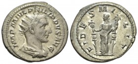 Philip I, 244-249 Antoninianus 244-247, AR 24.5mm., 4.92g. IMP M IVL PHILIPPVS AVG Radiate, draped and cuirassed bust r. Rev. FIDES MILIT Fides standi...