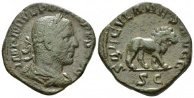 Philip I, 244-249 Sestertius circa, Æ 29.5mm., 18.98g. Laureate, draped and cuirassed bust r. Rev. Lion walking r. C 176. RIC 158.

Light brown-gree...