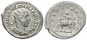 Philip I, 244-249 Antoninianus circa 245, AR 25mm., 4.38g. Radiate, draped and cuirasse bust r. Rev. ADVENTVS AVGG Philip on horse pacing l., raising ...