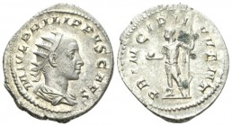 Philip II Caesar, 244-247. Antoninianus circa 245, AR 22.5mm., 3.50g. Radiate, draped and cuirassed bust r. Rev. Philip standing l., holding globe and...