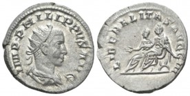 Philip II, 247-249 Antoninianus 248, AR 22mm., 3.89g. IMP PHILIPPVS AVG Radiate, draped and cuirassed bust r. Rev. LIBERALITAS AVGG III Philip I and I...