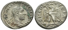 Trajan Decius, 249-251 Tetradrachm Antioch circa 249-250, AR 27mm., 12.75g. Laureate, draped and cuirassed bust r.; below two pellets Rev. Eagle with ...