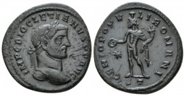 Diocletian, 284-305 Follis Ticinum 296-297, Æ 26.5mm., 7.90g. Laureate head r. Rev. Genius standing l., holding patera and cornucopia; in l field, sta...