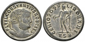 Constantius I Caesar, 293-305 Follis Thessolonica 298-299, billon 29.5mm., 10.67g. Laureate head r. Rev. Genius standing l., holding patera and cornuc...