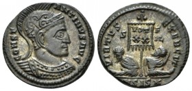 Constantine I, 307-337 Follis Siscia circa 320, Æ 19.5mm., 2.84g. CONSTA - NTINVS AG Helmeted and cuirassed bust r. Rev. VIRTVS - EXERCIT Standard ins...