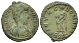 Theodora, wife of Constantius I Follis Treveri 337-340, Æ 15mm., 0.76g. Laureate and draped bust r. Rev. Pietas standing r., holding child; in exergue...
