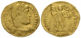 Valentinian I, 364-375 Solidus Antiochia circa 364-367, AV 21.5mm., 4.17g. Diademed, draped and cuirassed bust r. Rev. Emperor standing facing, head r...