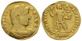 Valens, 364-378 Solidus circa 364-367, AV 20mm., 3.95g. Pearl-diademed, draped and cuirassed bust r. Rev. Emperor standing facing, head right, holding...