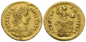 Theodosius I, 379-395 Solidus circa 379-383, AV 22.5mm., 4.37g. Rosette-diademed, draped, and cuirassed bust r. Rev. Constantinopolis seated facing on...