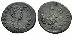 Aelia Flaccilla, wife of Theodosius I Ӕ4 Heraclea circa 383-386, Æ 14.5mm., 1.29g. AEL FLACCILLA AVG Draped bust r. with elaborate head dress, necklac...