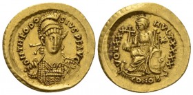 Theodosius II, 402-450 Solidus Constantinople 441-450, AV 21mm., 4.43g. D N THEODOSIVS P F AVG Diademed, helmeted and cuirassed bust facing, holding s...