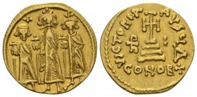 Heraclius, with Heraclius Constantine and Heraclonas, 610-641 Solidus Constantinople circa 636-637, AV 19mm., 4.34g. Heraclonas, Heraclius, and Heracl...