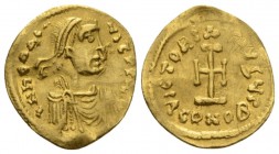 Heraclius, 610-641 Tremissis Constantinople circa 613-641, AV 14.5mm., 1.39g. dN hЄRACLI – ЧS PP AVG Diademed, draped, and cuirassed bust r. Rev VICTO...