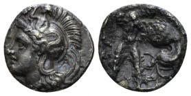 Calabria, Tarentum Dibol circa 380-325, AR 12mm., 1.00g. Helmeted head of Athena l., helmet decorated with Skylla. Rev. Herakles standing, strangling ...