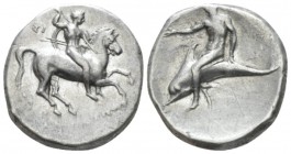 Calabria, Tarentum Nomos circa 280, AR 21.5mm., 7.85g. Warrior on horseback r., holding shield and two spears, preparing to cast a third; behind, ΣI a...