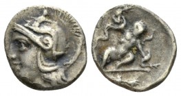Calabria, Tarentum Diobol circa 280-228, AR 9.5mm., 0.96g. Helmeted head of Athena l., helmet decorated with Skylla. Rev. The Herakliskos Drakonopnigo...