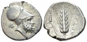 Lucania, Metapontum Nomos circa 340-330, AR 21.5mm., 7.91g. Helmeted head of Leukippos r.; in l. field, lion head r. Rev. Barley ear of seven grains, ...