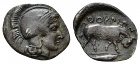 Lucania, Thurium Triobol circa 443-400, AR 13mm., 1.00g. Lucania, Thurium circa 443-400, AR 12mm, 1.00g. Head of Athena r., wearing crested helmet dec...