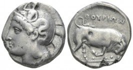 Lucania, Thurium Dinomos circa 380-360, AR 26.5mm., 15.45g. Head of Athena l., wearing crested helmet, bowl decorated with Scylla hurling stone. Rev. ...