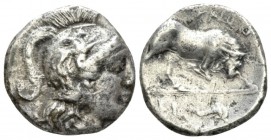 Lucania, Thurium Reduced Nomos After 280, AR 18.5mm., 6.04g. Head of Athena r., wearing Attic decorated with hippocampus. Rev. Bull butting r.; in exe...