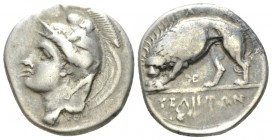 Lucania, Velia Nomos circa 334-300, AR 22.5mm., 7.34g. Head of Athena l., wearing crested Phrygian helmet, decorated with centauress; on r., monogram....