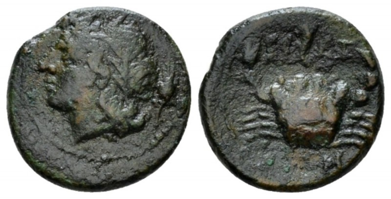 Bruttium, Brettii Quarter unit, circa 214-211, Æ 14mm., 2.04g. Horned and wreath...