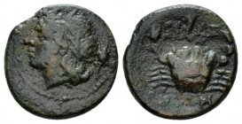 Bruttium, Brettii Quarter unit, circa 214-211, Æ 14mm., 2.04g. Horned and wreathed head of young river-god l.; in r. field, corn-ear. Rev. BPETTIΩN Cr...