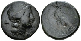 Bruttium, Locri Bronze circa 350-275, Æ 26.5mm., 12.39g. Head of Persephone r.; in l. field, poppy-head. Rev. ΛOKPΩN Eagle standing l., wings closed, ...