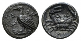 Sicily, Agrigentum Litra circa 413, AR 8.5mm., 0.63g. Eagle standing l., on Ionic capital, with closed wings. Rev. Crab. SNG Ashmolean 1673. SNG ANS 9...