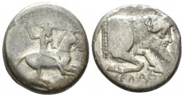 Sicily, Gela Didrachm circa 490-475, AR 19mm., 8.06g. Horseman galloping r., holding spear. Rev. CEVAΣ forepart of man-faced bull standing r. Jenkins,...