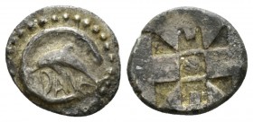 Sicily, Messana-Zankle Litra circa 500-493, AR 11mm., 0.78g. Dolphin swimming l within crescent harbour. Rev. Nine-part incuse square with cockle shel...