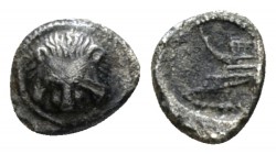 Sicily, Messana-Zankle Tetartemorion circa 493-488 under Samian rule, AR 6.5mm., 0.16g. Facing lion's scalp. Rev, Prow of a Samaina l. SNG ANS 311. Cl...