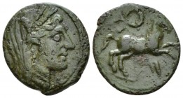 Sicily, Punic occupation Morgantina Half Unit circa 212-211, Æ 18mm., 4.14g. Veiled and wreathed head of Demeter r. Rev. Horse galloping r.; wreath ab...