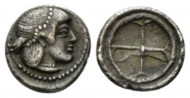 Sicily, Syracuse Obol circa 480-475, AR 9mm., 0.62g. Head of Arethusa r. Rev. Wheel. Boehringer cf. 364

Attractive old cabinet tone, About Extremel...