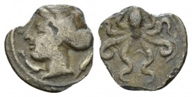 Sicily, Syracuse Litra Phrygillos (?), circa 415-405, AR 11mm., 0.24g. Head of Arethusa l., wearing sakkos; around, dolphins. Rev. Octopus. SNG ANS 27...