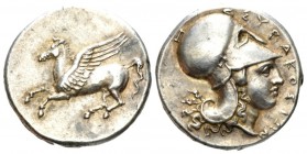Sicily, Syracuse Corinthian stater circa 334-317, AR 21.5mm., 8.42g. Pegasus flying l. Rev. ΣΥΡΑΚΟΣΙΩN Head of Athena r., wearing Corinthian helmet. S...
