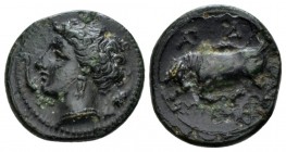 Sicily, Syracuse Bronze circa 317-289, Æ 15.5mm., 3.15g. . Head of Arethusa l., wearing wreath of grain: in l. field, dolphin and barley ear r. Rev. B...