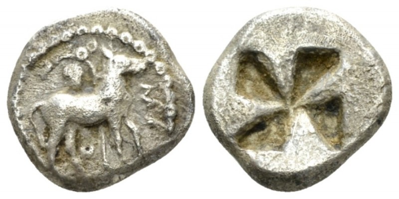 Macedonia, Mende Tetrobol circa 510-480, AR 13mm., 2.74g. Ass standing r.; grape...