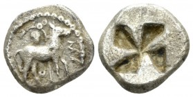 Macedonia, Mende Tetrobol circa 510-480, AR 13mm., 2.74g. Ass standing r.; grape bunch above. Rev. Incuse square of mill-sail form. Michaux Group 1. S...