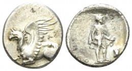 Thrace, Abdera Tetrobol circa 386-375, AR 16mm., 2.65g. Griffin seated l. Rev. Hermes standing r., wearing petasos; in r. field, astragols. May, Abder...