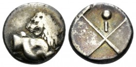Thrace, Chersonesos Hemidrachm circa 386-338, AR 11.5mm., 2.27g. Forepart of lion r., head l. Rev. Quadripartite incuse square with alternating raised...
