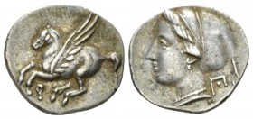Corinthia, Corinth Drachm circa 350-300, AR 15mm., 2.26g. Pegasus flying l. Rev. Head of nymph l., wearing sakkos. BCD Corinth 171.

Attractive old ...
