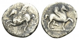 Corinthia, Corinth Diobol circa 300, AR 10mm., 0.76g. Pegasus flying l. Rev. Pegasus advancing r. with foreleg raised. BCD Corinth 195 var. (AP on rev...