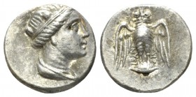 Pontus, Amisus Hemidrachm III-II cent. BC, AR 12mm., 1.75g. Head of Hera r., wearing turreted crown. Rev. Owl standing facing, wings spread, on shield...