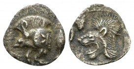 Mysia, Cyzicus Hemiobol circa 525-475, AR 9.5mm., 0.38g. Forepart of boar l.; K (retrograde) on shoulder, tunny behind. Rev. Head of roaring lion l.; ...