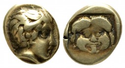 Lesbos, Mytilene Hekte circa 454-427, EL 9.5mm., 2.50g. Head of Aktaeon right, wearing stag's horn. Rev. Gorgoneion within incuse square. Bodenstedt E...
