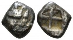 Island of Ionia, Chios Tetrobol circa 435-425, AR 11.5mm., 2.54g. Sphinx seated l.; to l., grape bunch above amphora. Rev. Quadripartite incuse square...