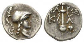 Caria, Caunus Hemidrachm circa 166-100, AR 12mm., 1.13g. Head of Athena r., wearing crested Corinthian helmet. Rev. Sword in sheath; grapes in lower r...