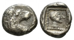 Caria, Cnidus Diobol circa 530-520, AR 8mm., 1.04g. Head of roaring lion r. Rev. Archaic head of Aphrodite r. within incuse square. SNG Keckman 96.
 ...