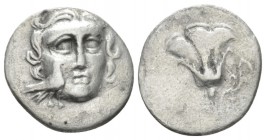 Caria, Mylasa Drachm circa 170-130, AR 16mm., 2.00g. facing head of Helios, bird on cheek. Rev. Rose. Ashton, Mylasa 54 (A20/P29). SNG Kayhan 843.

...